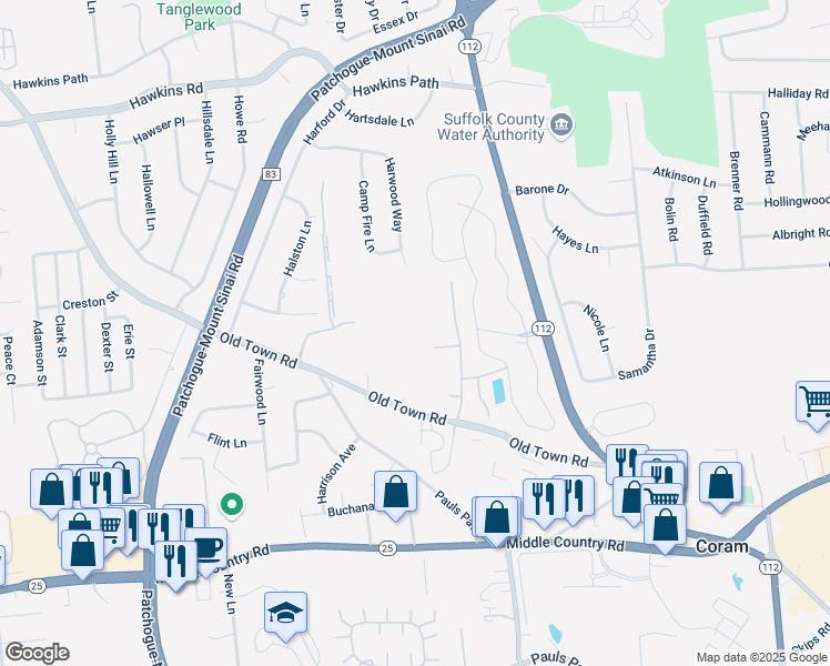 map of restaurants, bars, coffee shops, grocery stores, and more near 1 Brookwood Drive in Coram