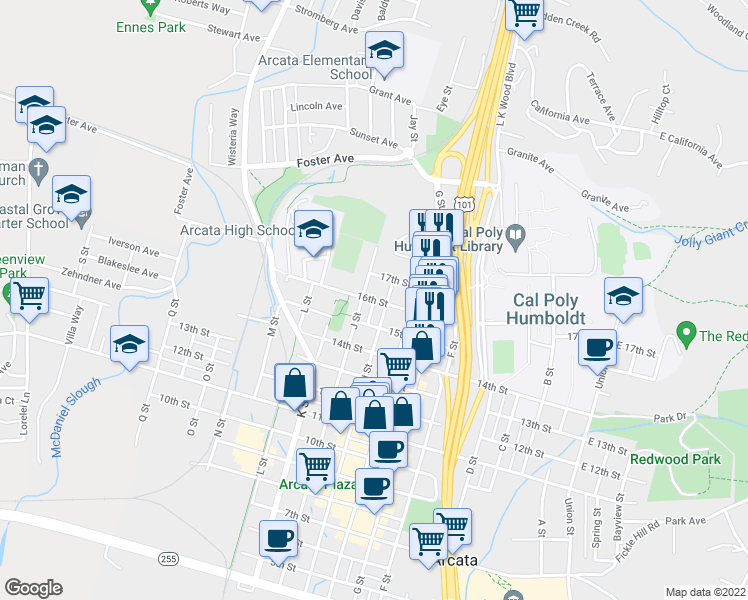 map of restaurants, bars, coffee shops, grocery stores, and more near 16th Street in Arcata