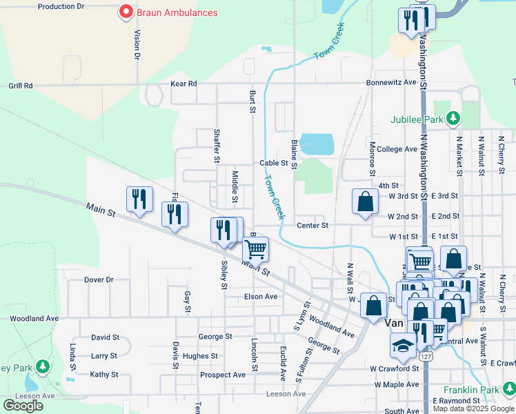 map of restaurants, bars, coffee shops, grocery stores, and more near 224 Burt Street in Van Wert