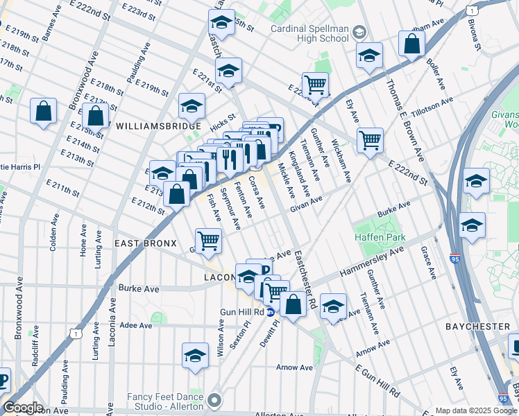 map of restaurants, bars, coffee shops, grocery stores, and more near 3321 Corsa Avenue in Bronx