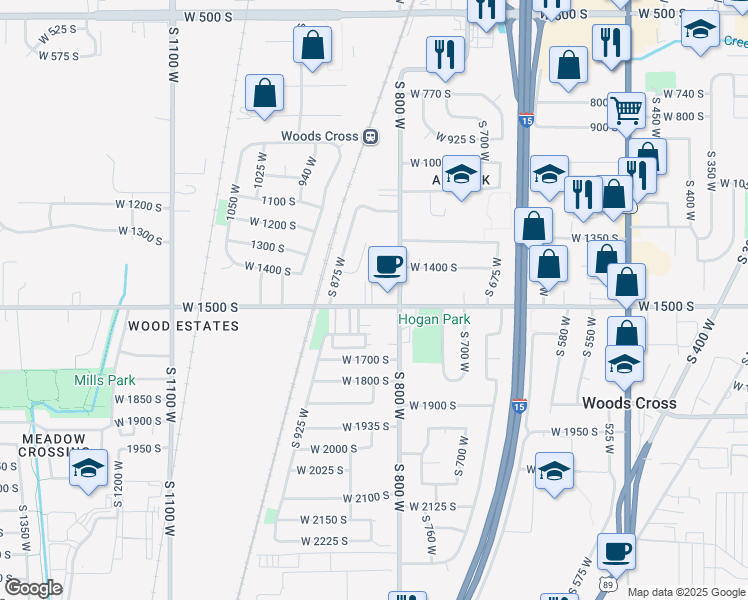 map of restaurants, bars, coffee shops, grocery stores, and more near 830 West 1500 South in Woods Cross