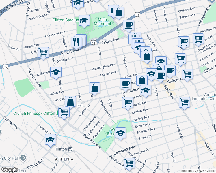 map of restaurants, bars, coffee shops, grocery stores, and more near 212 Harding Avenue in Clifton