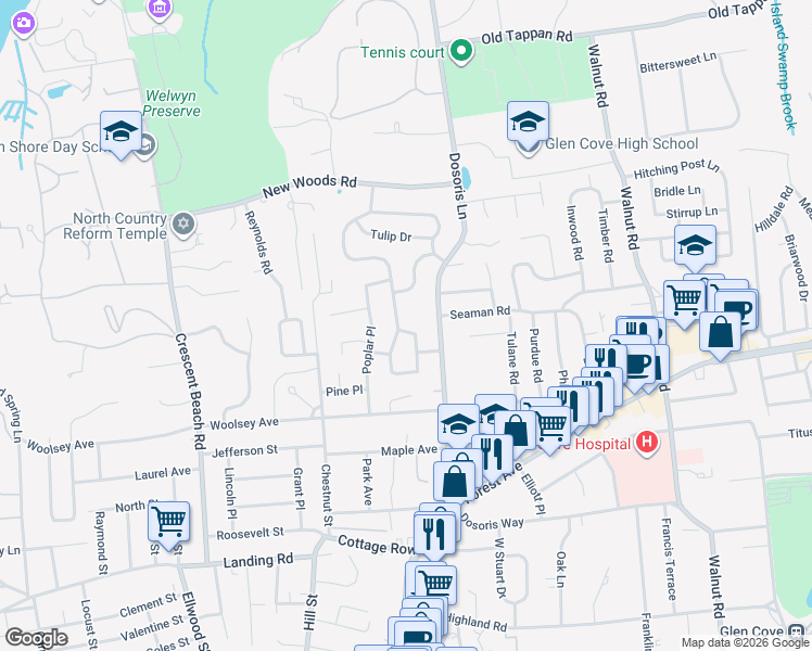 map of restaurants, bars, coffee shops, grocery stores, and more near 20 Buckeye Road in Glen Cove