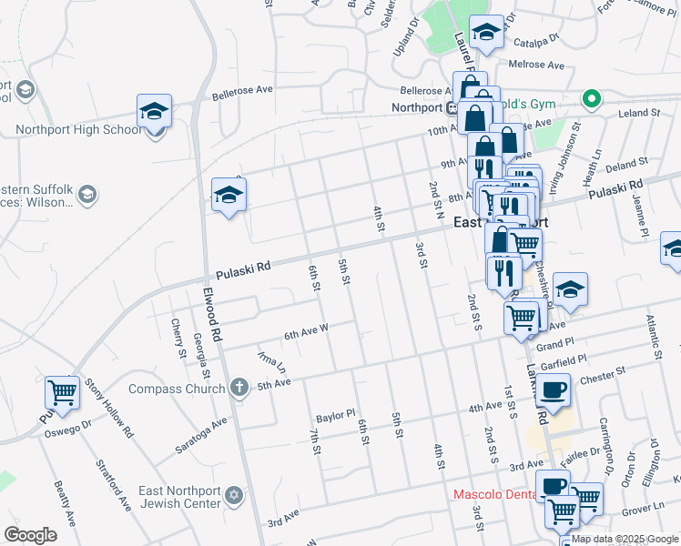 map of restaurants, bars, coffee shops, grocery stores, and more near 545 5th Street in East Northport