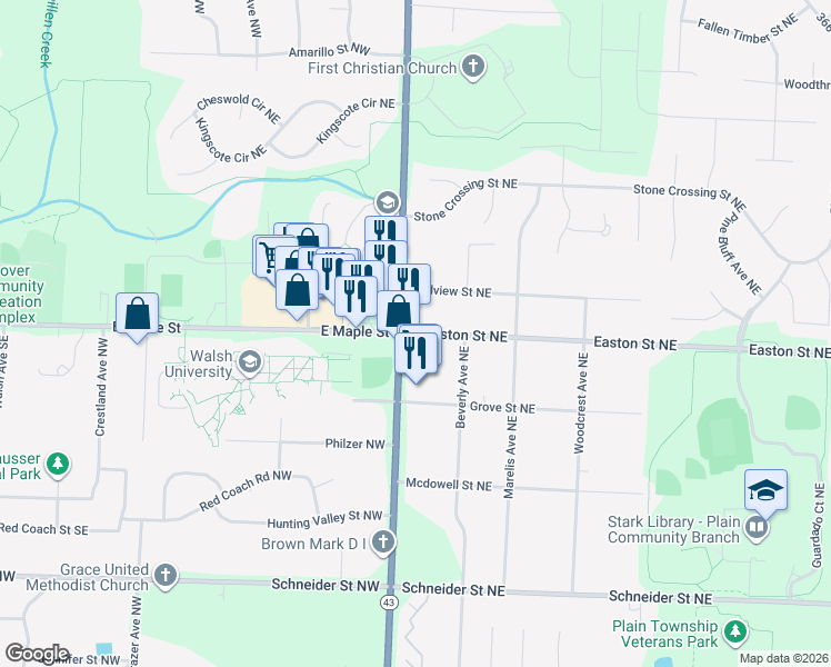 map of restaurants, bars, coffee shops, grocery stores, and more near Easton Street Northeast in North Canton