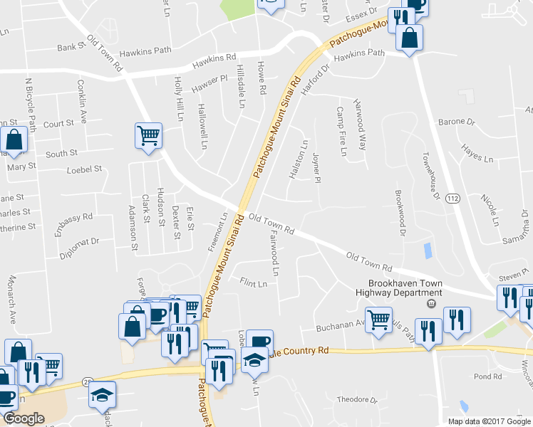 map of restaurants, bars, coffee shops, grocery stores, and more near 1039 Old Town Road in Coram