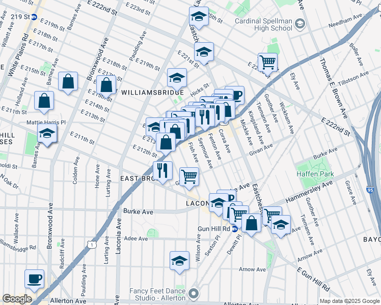 map of restaurants, bars, coffee shops, grocery stores, and more near 3341 Fish Avenue in Bronx