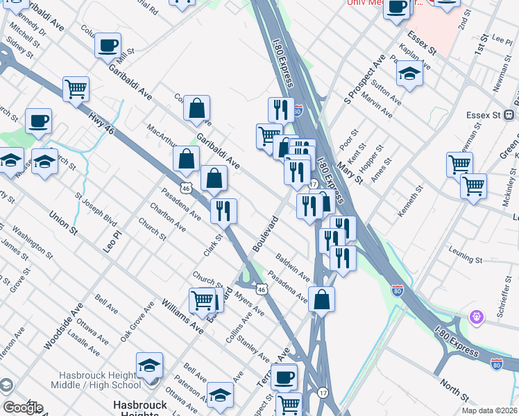 map of restaurants, bars, coffee shops, grocery stores, and more near 39 MacArthur Avenue in Hasbrouck Heights