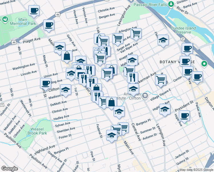 map of restaurants, bars, coffee shops, grocery stores, and more near 74 Getty Ave in Clifton
