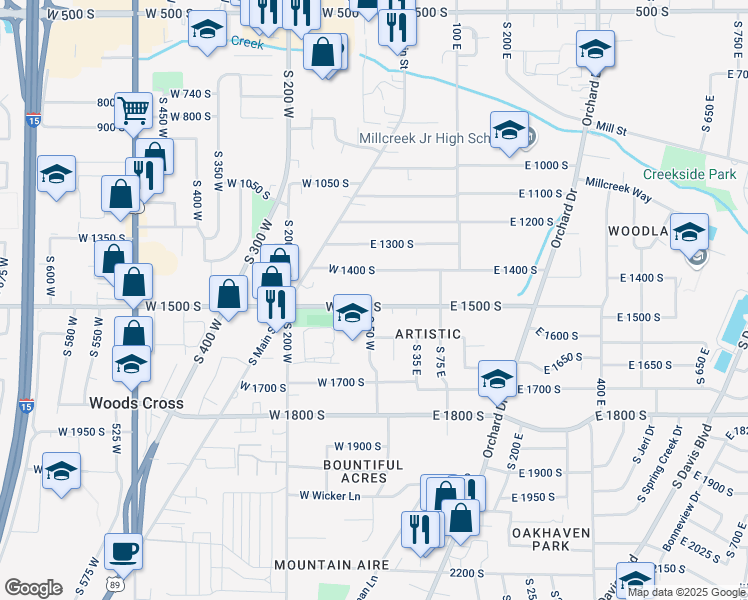 map of restaurants, bars, coffee shops, grocery stores, and more near 48 West 1500 South in Bountiful