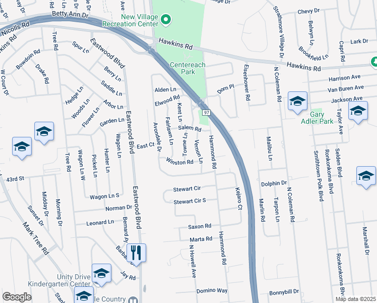 map of restaurants, bars, coffee shops, grocery stores, and more near 15 Towne Lane in Centereach