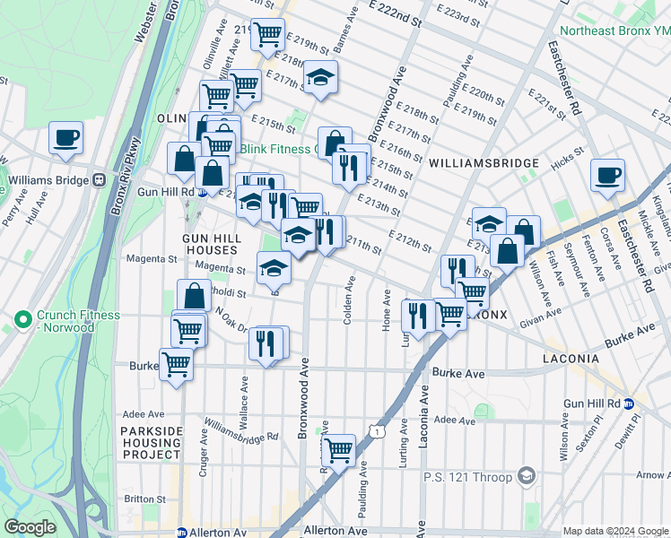 map of restaurants, bars, coffee shops, grocery stores, and more near 914 East Gun Hill Road in Bronx