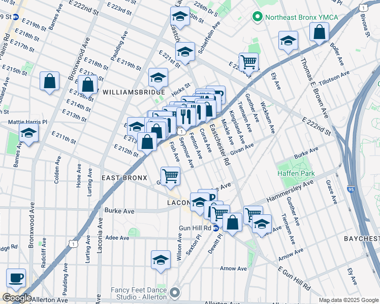 map of restaurants, bars, coffee shops, grocery stores, and more near 3328 Seymour Avenue in Bronx