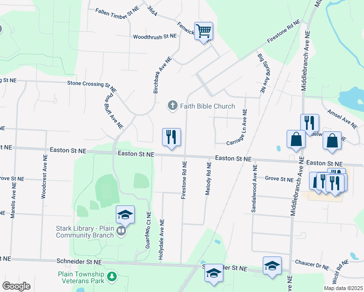 map of restaurants, bars, coffee shops, grocery stores, and more near 6407 Firestone Avenue Northeast in Canton