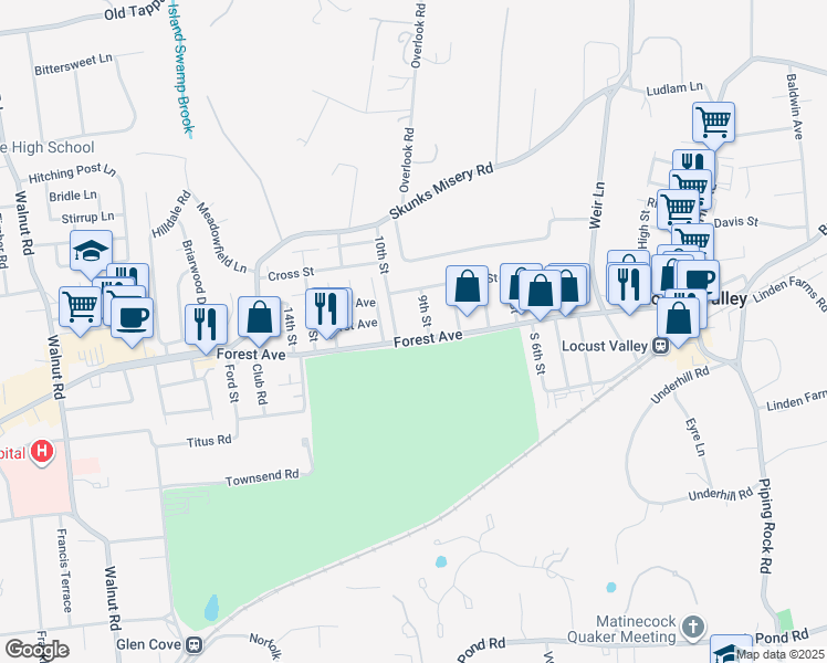 map of restaurants, bars, coffee shops, grocery stores, and more near 310-316 Forest Avenue in Locust Valley