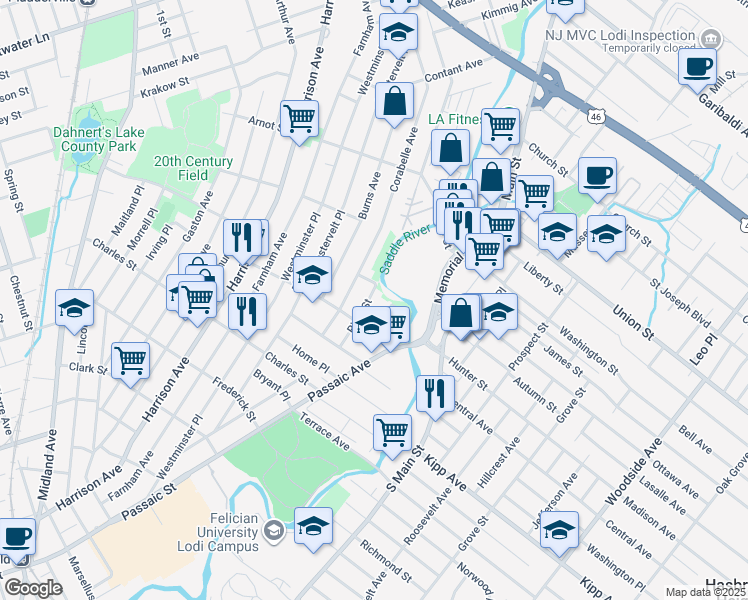 map of restaurants, bars, coffee shops, grocery stores, and more near 45 River Street in Lodi