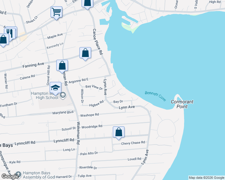 map of restaurants, bars, coffee shops, grocery stores, and more near 6 Bay View Drive in Hampton Bays