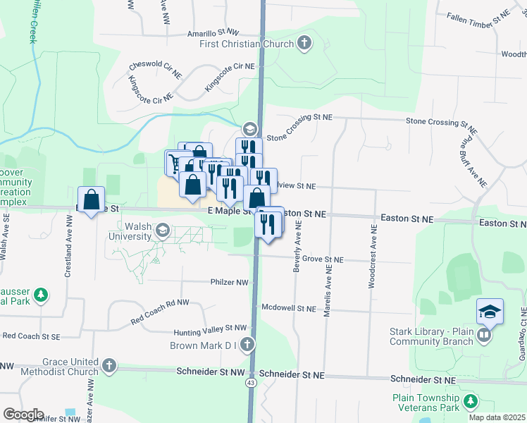 map of restaurants, bars, coffee shops, grocery stores, and more near Easton Street Northeast in North Canton