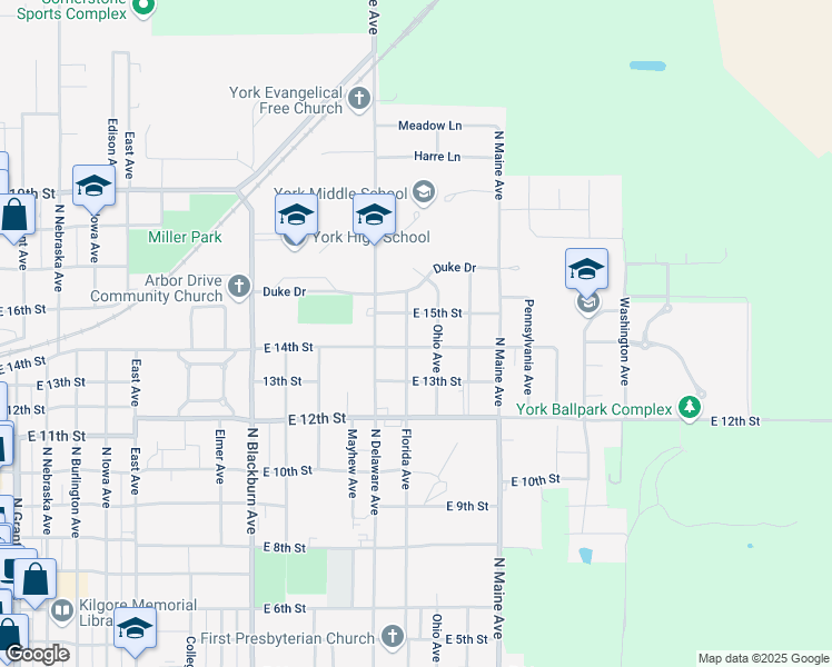 map of restaurants, bars, coffee shops, grocery stores, and more near 1416 Florida Avenue in York