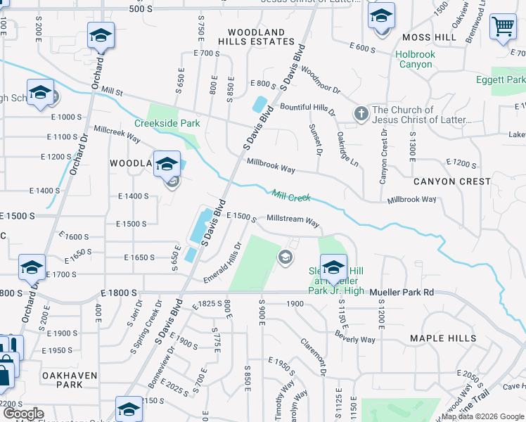 map of restaurants, bars, coffee shops, grocery stores, and more near 885 Millstream Way in Bountiful