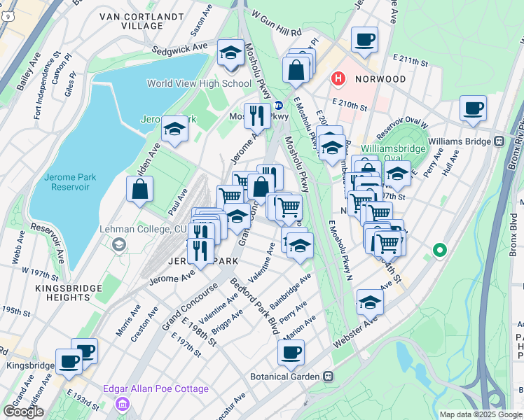 map of restaurants, bars, coffee shops, grocery stores, and more near 3130 Grand Concourse in Bronx