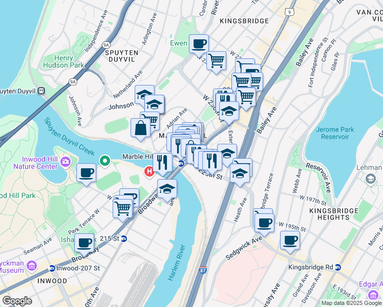 map of restaurants, bars, coffee shops, grocery stores, and more near 5215 U.S. 9 in New York