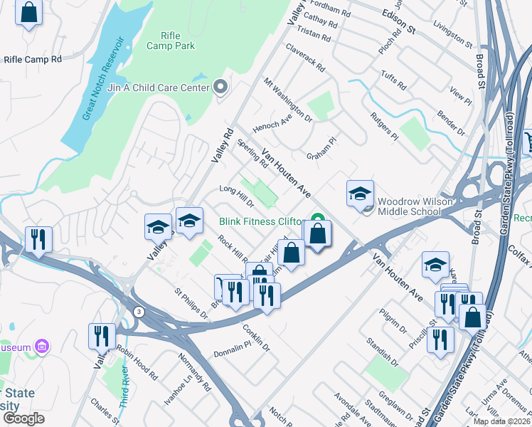 map of restaurants, bars, coffee shops, grocery stores, and more near 20 Long Hill Drive in Clifton