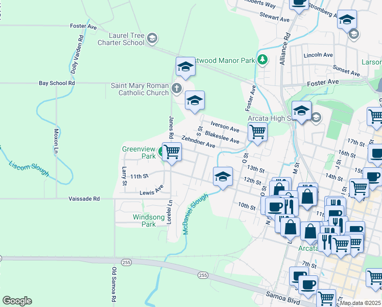 map of restaurants, bars, coffee shops, grocery stores, and more near 1929 Haeger Avenue in Arcata