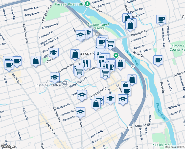 map of restaurants, bars, coffee shops, grocery stores, and more near 80 Lake Avenue in Clifton