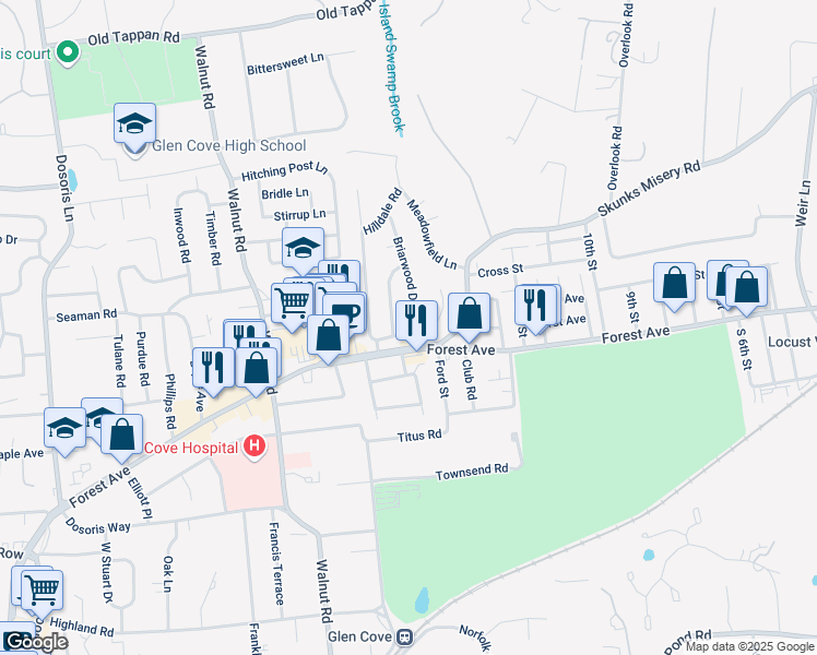 map of restaurants, bars, coffee shops, grocery stores, and more near 4 Driftwood Drive in Glen Cove