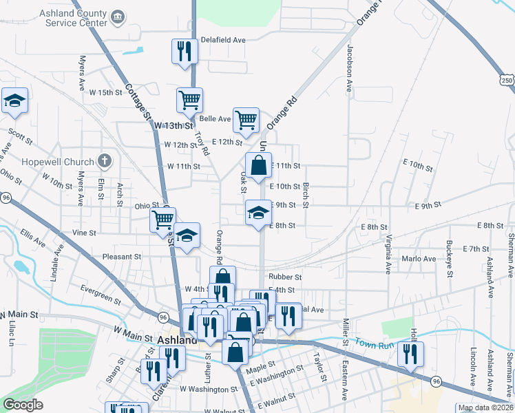 map of restaurants, bars, coffee shops, grocery stores, and more near 825 Union Street in Ashland