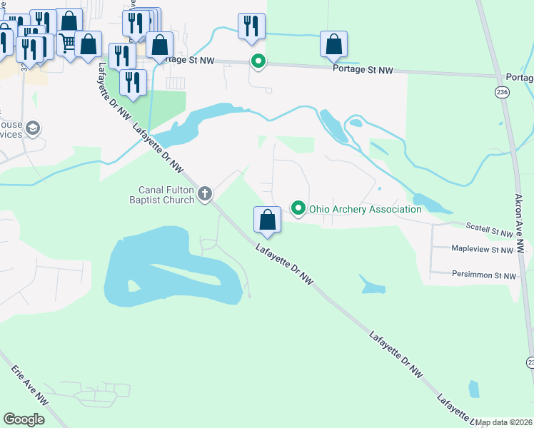 map of restaurants, bars, coffee shops, grocery stores, and more near 6374 Chiltern Road Northwest in Canal Fulton