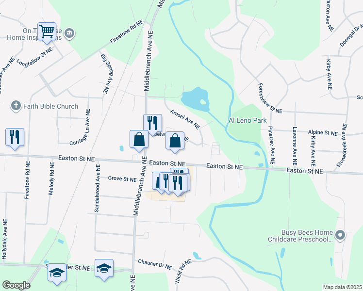 map of restaurants, bars, coffee shops, grocery stores, and more near 6601 Drossel Avenue Northeast in Canton