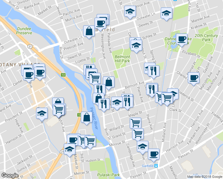 map of restaurants, bars, coffee shops, grocery stores, and more near 35 Belmont Ave in Garfield