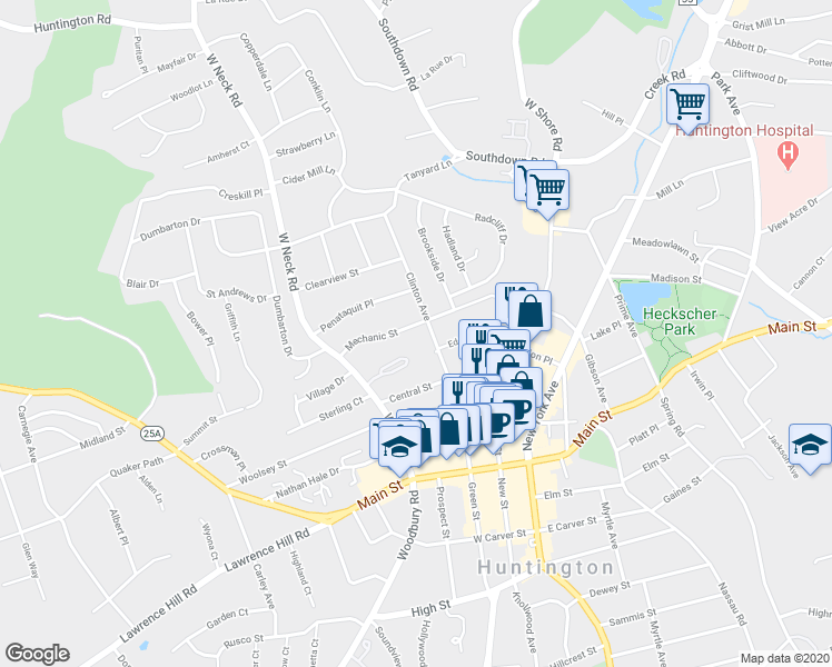 map of restaurants, bars, coffee shops, grocery stores, and more near 62 Mechanic Street in Huntington