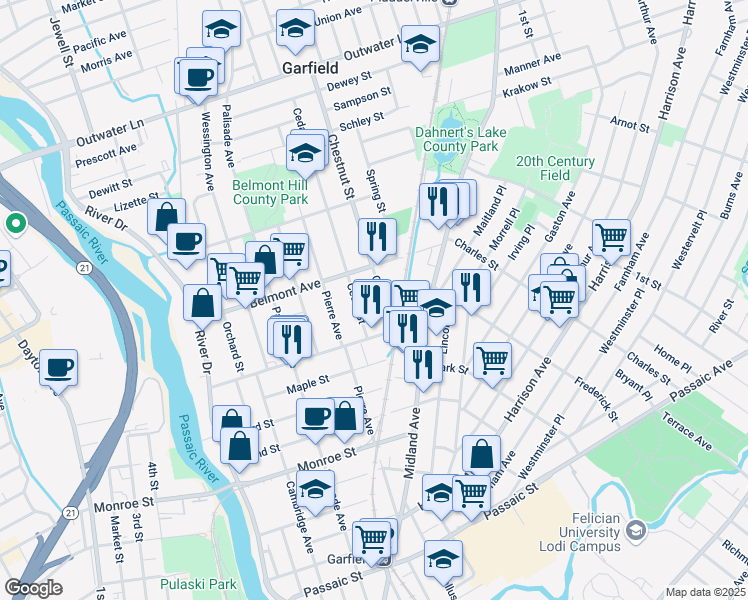 map of restaurants, bars, coffee shops, grocery stores, and more near 33 Chestnut Street in Garfield