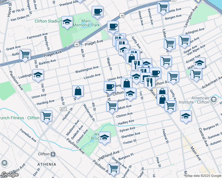 map of restaurants, bars, coffee shops, grocery stores, and more near 153 Harding Avenue in Clifton