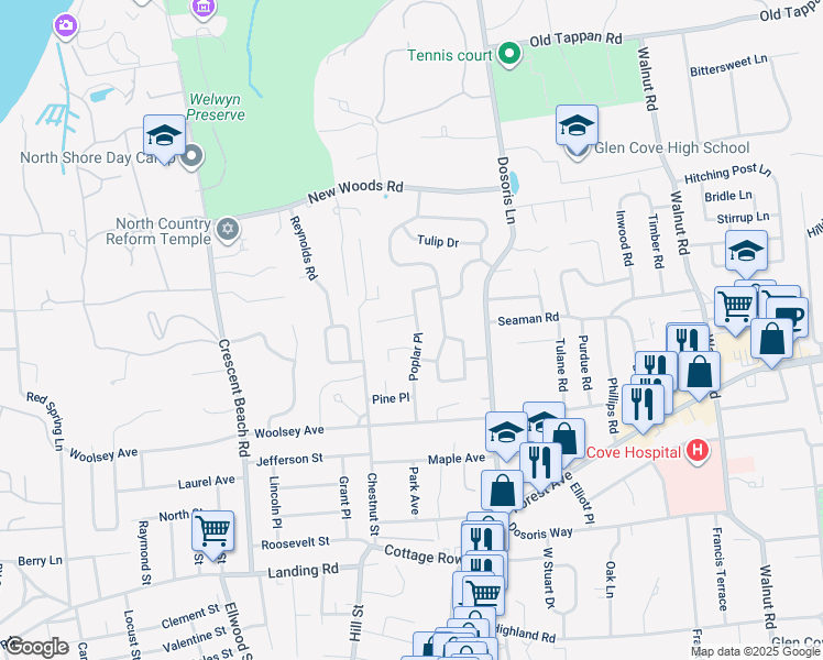 map of restaurants, bars, coffee shops, grocery stores, and more near 31 Poplar Place in Glen Cove