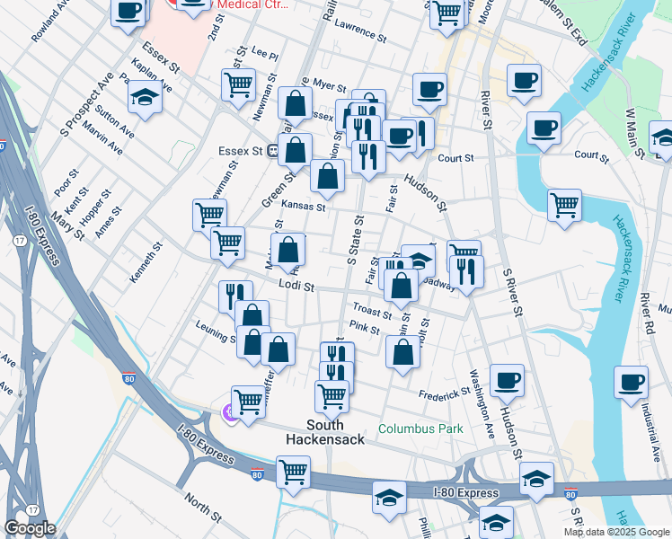 map of restaurants, bars, coffee shops, grocery stores, and more near 101 South State Street in Hackensack