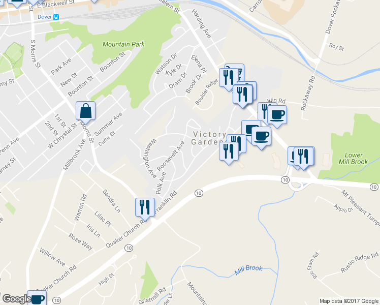 map of restaurants, bars, coffee shops, grocery stores, and more near 11 Jefferson Avenue in Dover