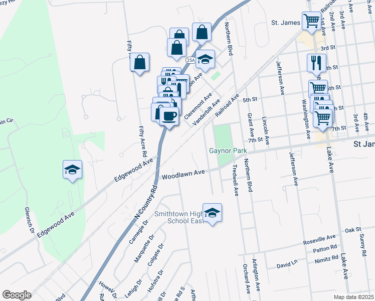 map of restaurants, bars, coffee shops, grocery stores, and more near 21 Fiore Court in Saint James