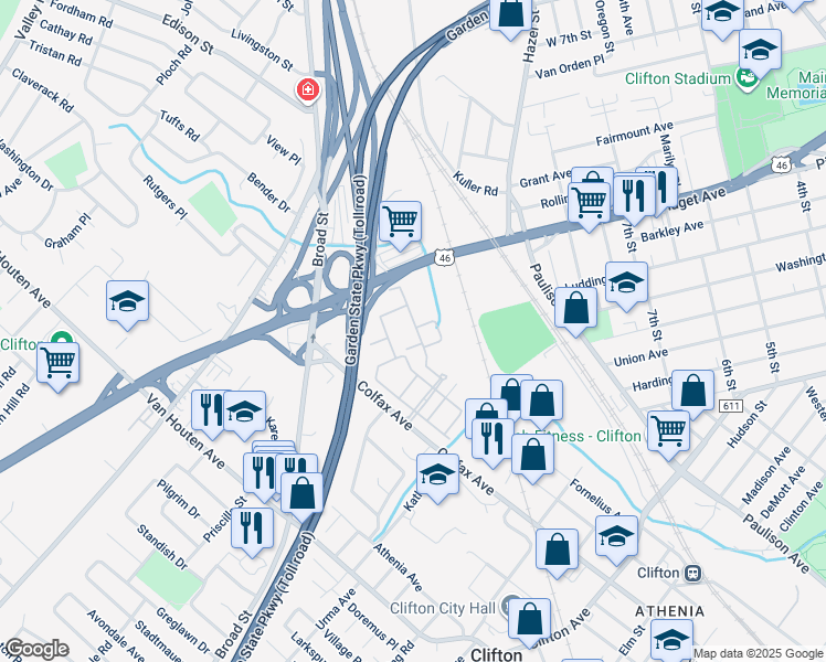 map of restaurants, bars, coffee shops, grocery stores, and more near 5203 Burwood Road in Clifton
