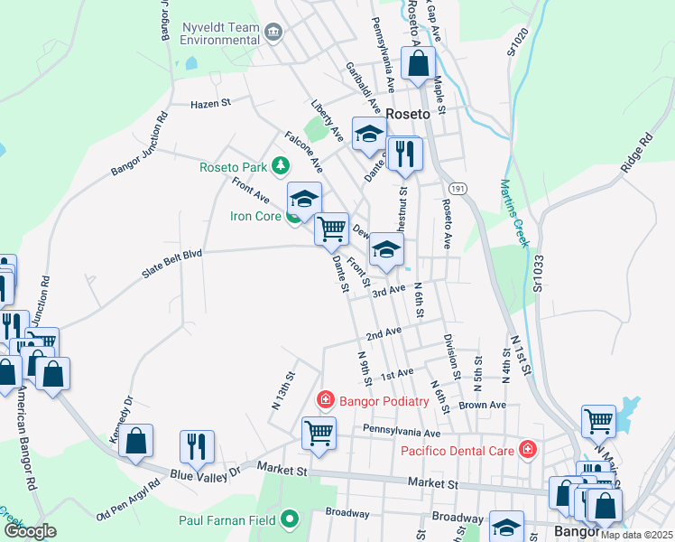 map of restaurants, bars, coffee shops, grocery stores, and more near 89 Dante Street in Bangor