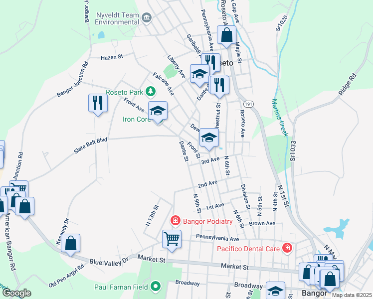 map of restaurants, bars, coffee shops, grocery stores, and more near 89 Dante Street in Bangor