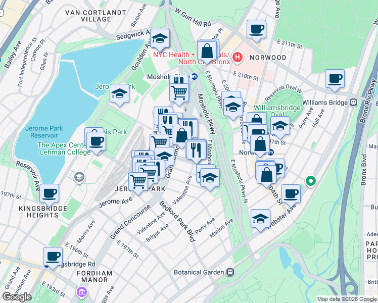 map of restaurants, bars, coffee shops, grocery stores, and more near in The Bronx