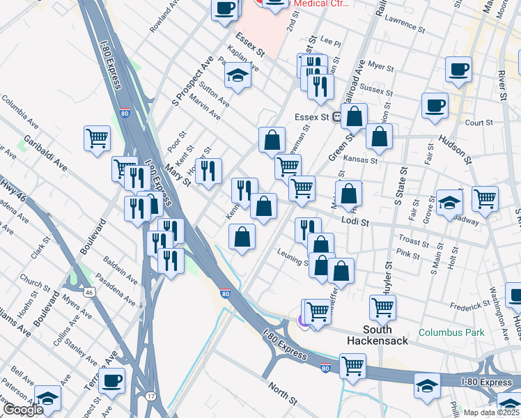 map of restaurants, bars, coffee shops, grocery stores, and more near 173 South Newman Street in Hackensack
