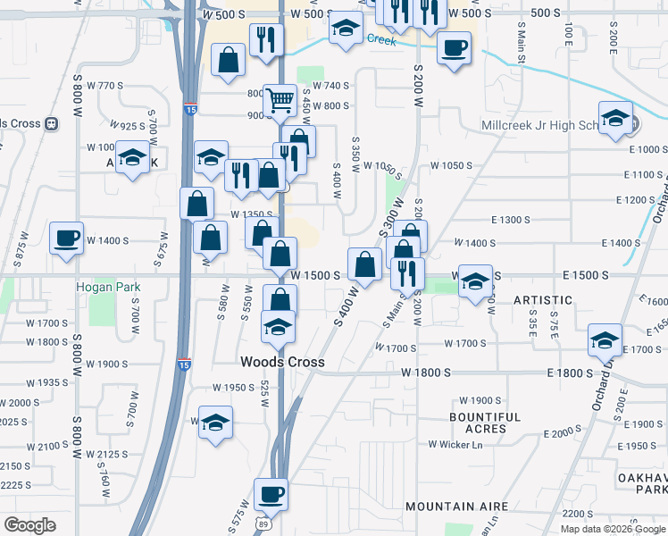 map of restaurants, bars, coffee shops, grocery stores, and more near 378 West 1500 South in Bountiful
