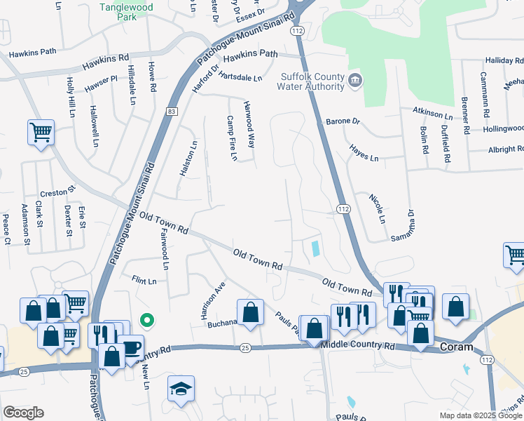 map of restaurants, bars, coffee shops, grocery stores, and more near 608 Grimsby Place in Coram