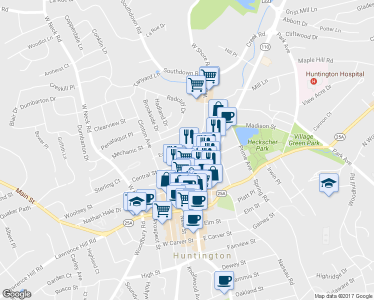 map of restaurants, bars, coffee shops, grocery stores, and more near 76 Wall Street in Huntington