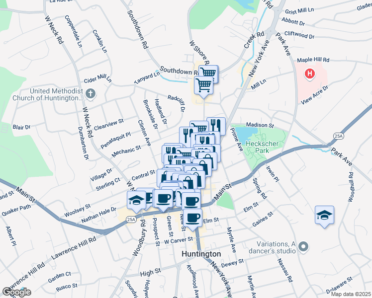 map of restaurants, bars, coffee shops, grocery stores, and more near 76 Wall Street in Huntington